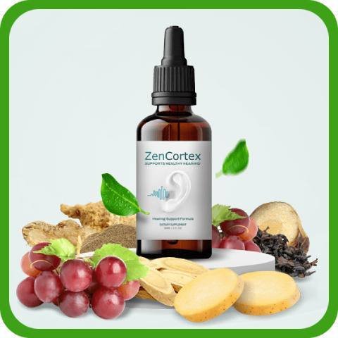 Image introducing ZenCortex supplement with plant-based ingredients for ear health and brain function